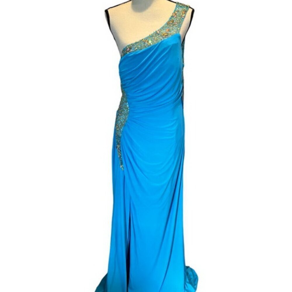 May Queen Couture Aqua Blue Embellished Beaded Illusion Jersey Gown Prom